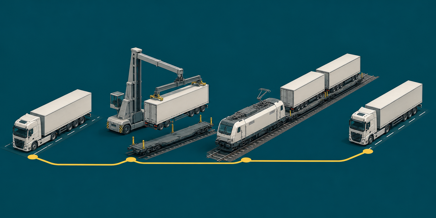 Illustration des Trailerport-Ablaufs vom LKW über den Umschlag auf den Güterzug bis zur letzten Meile